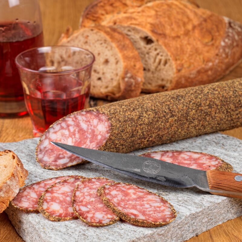 Salami, bergsalami, extrawuerste, Wein, brot, messer